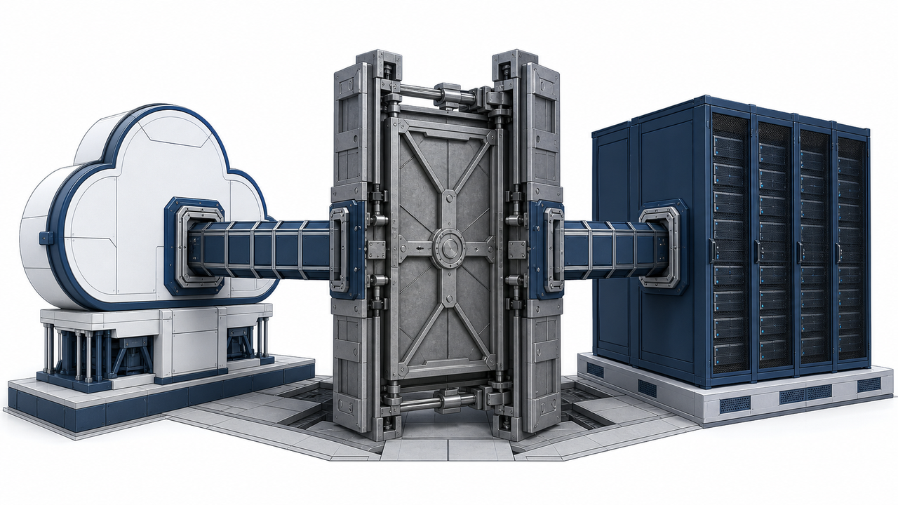 Technical illustration of a mechanical gate separating network nodes in a pipeline.