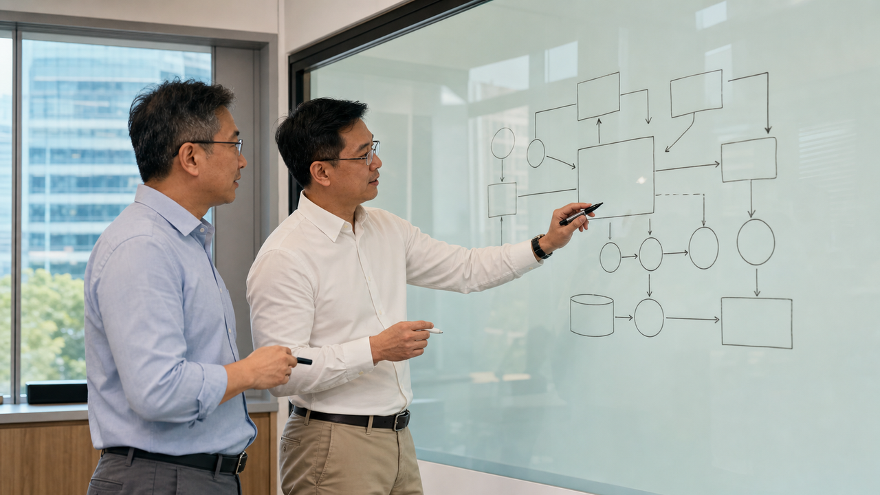 Two Singapore Chinese engineers collaborating on a system architecture diagram.