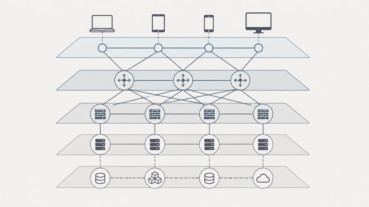 Clean technical illustration of a geometric state machine and logic layers.