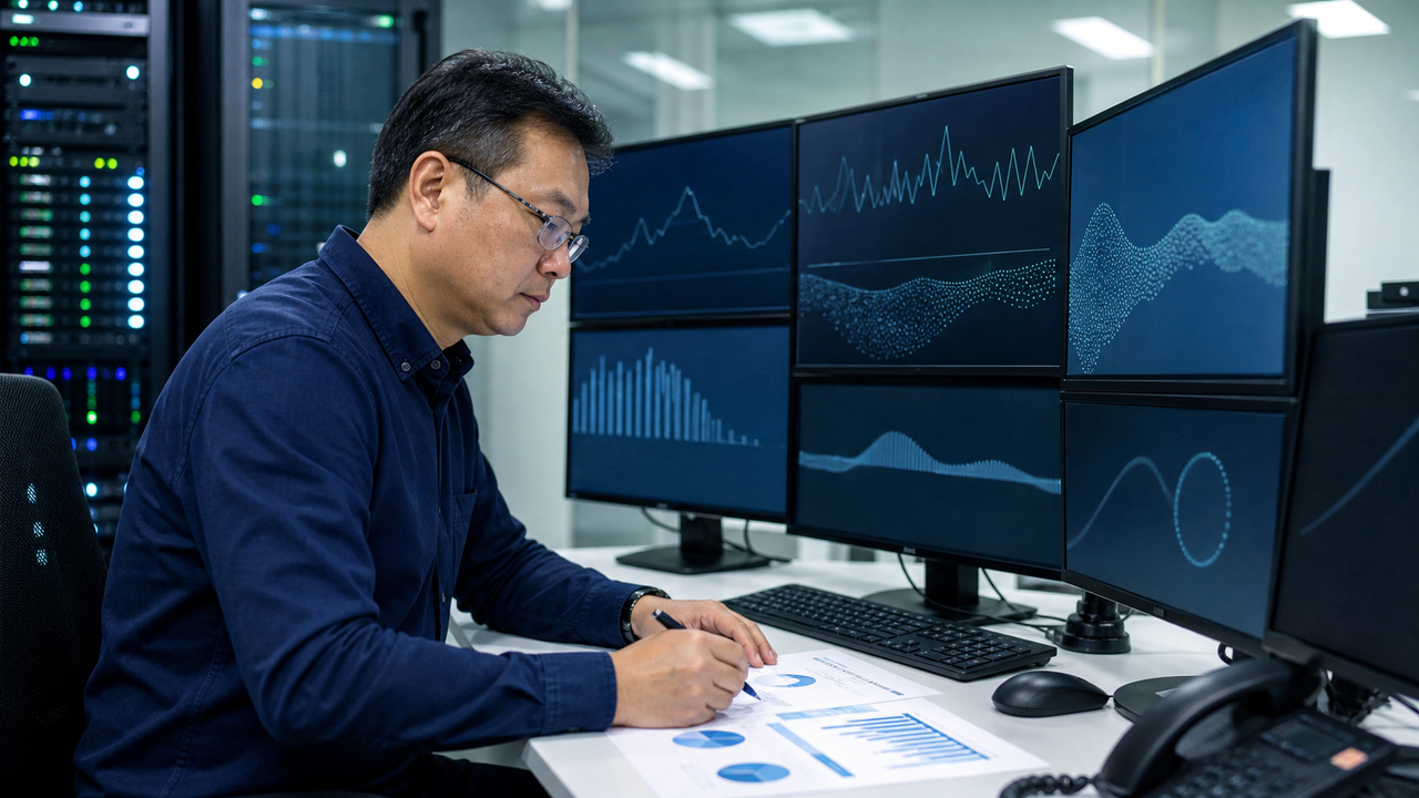 A Singapore Chinese IT professional working intently at a multi-monitor desk.