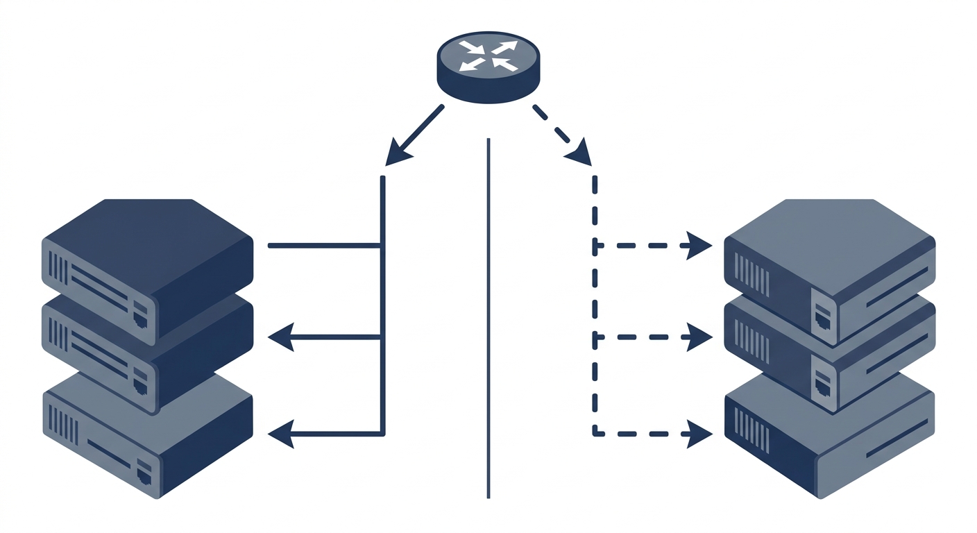 Technical illustration of a central node routing data into distinct pathways.