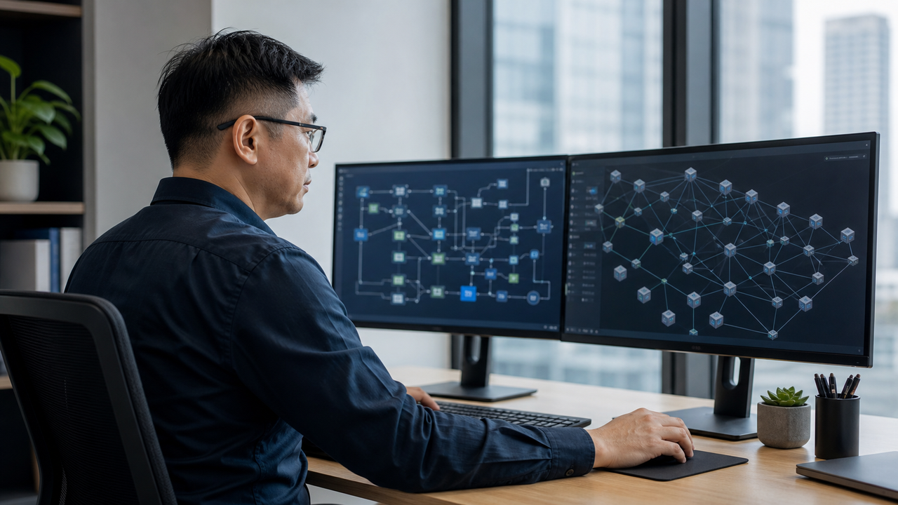 Singapore-Chinese engineer analyzing system architecture on dual monitors.