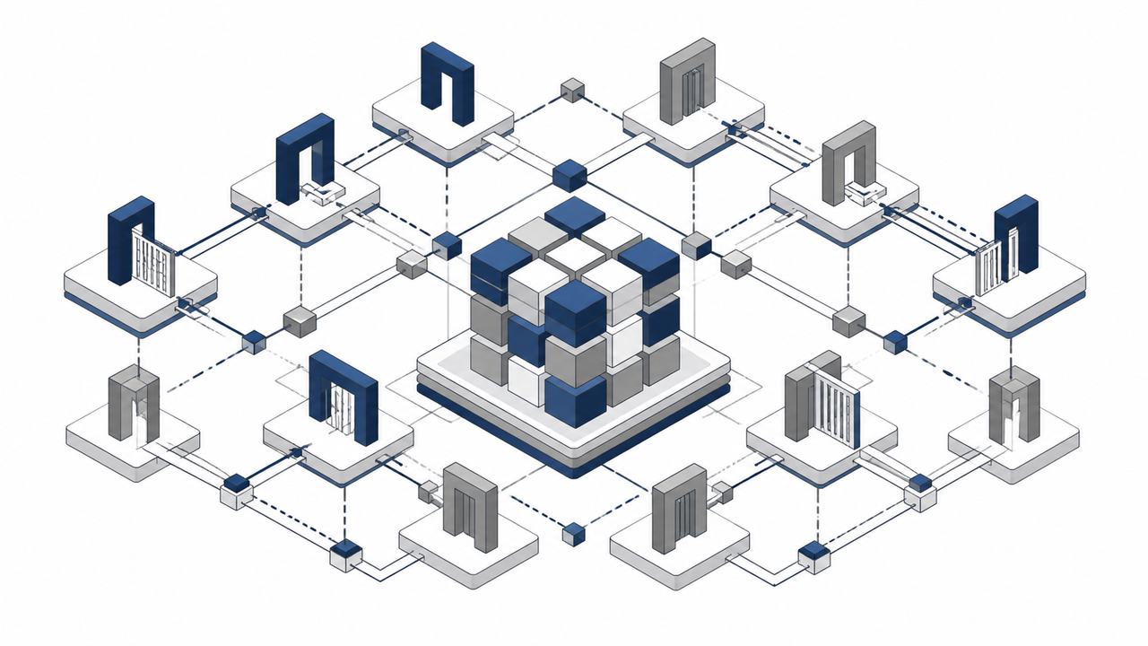 Clean technical illustration of a 3D matrix representing access routing.