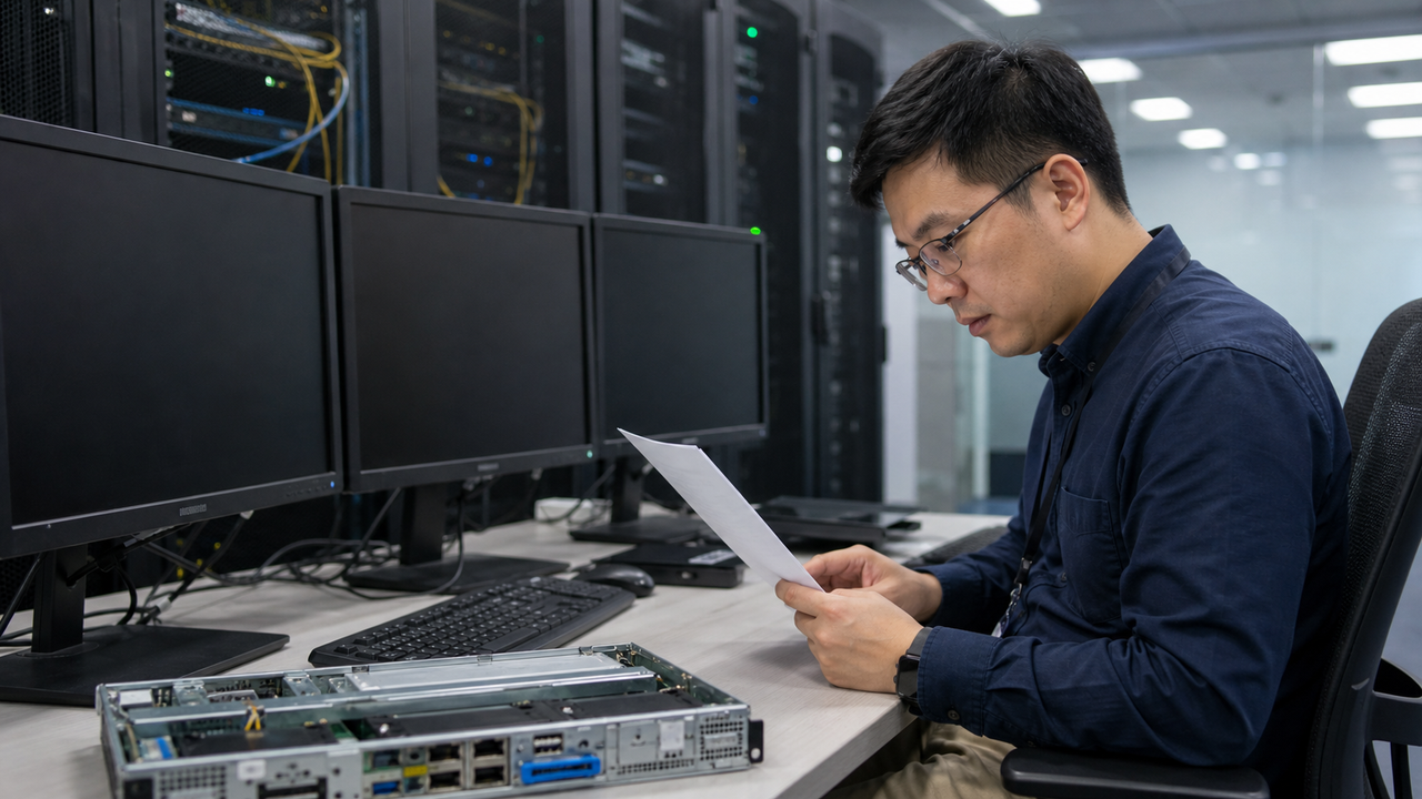 IT professional reviewing complex server configurations on multiple monitors.