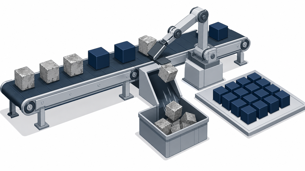 Technical illustration of a data pipeline filtering faded blocks into a disposal chute.