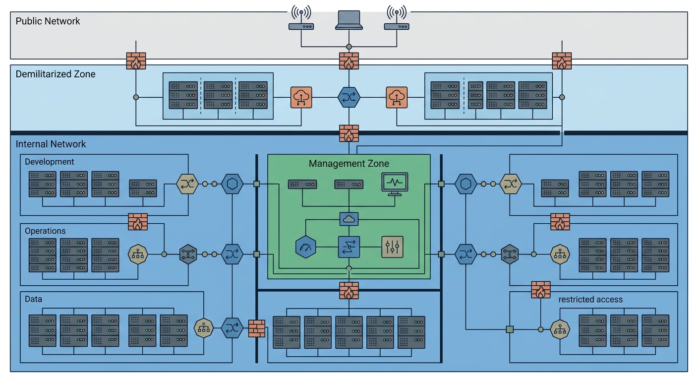 Minimalist technical illustration of network nodes and structural boundary lines.