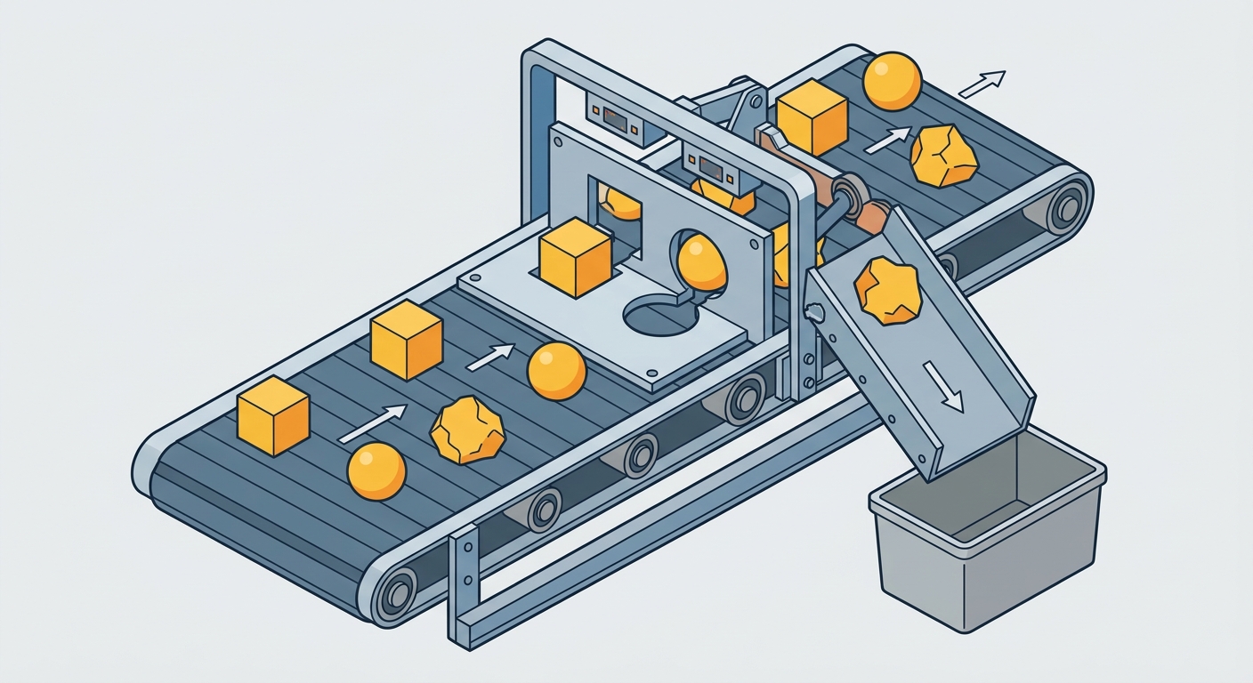 Technical illustration of a rigid sorting gate blocking irregular shapes.