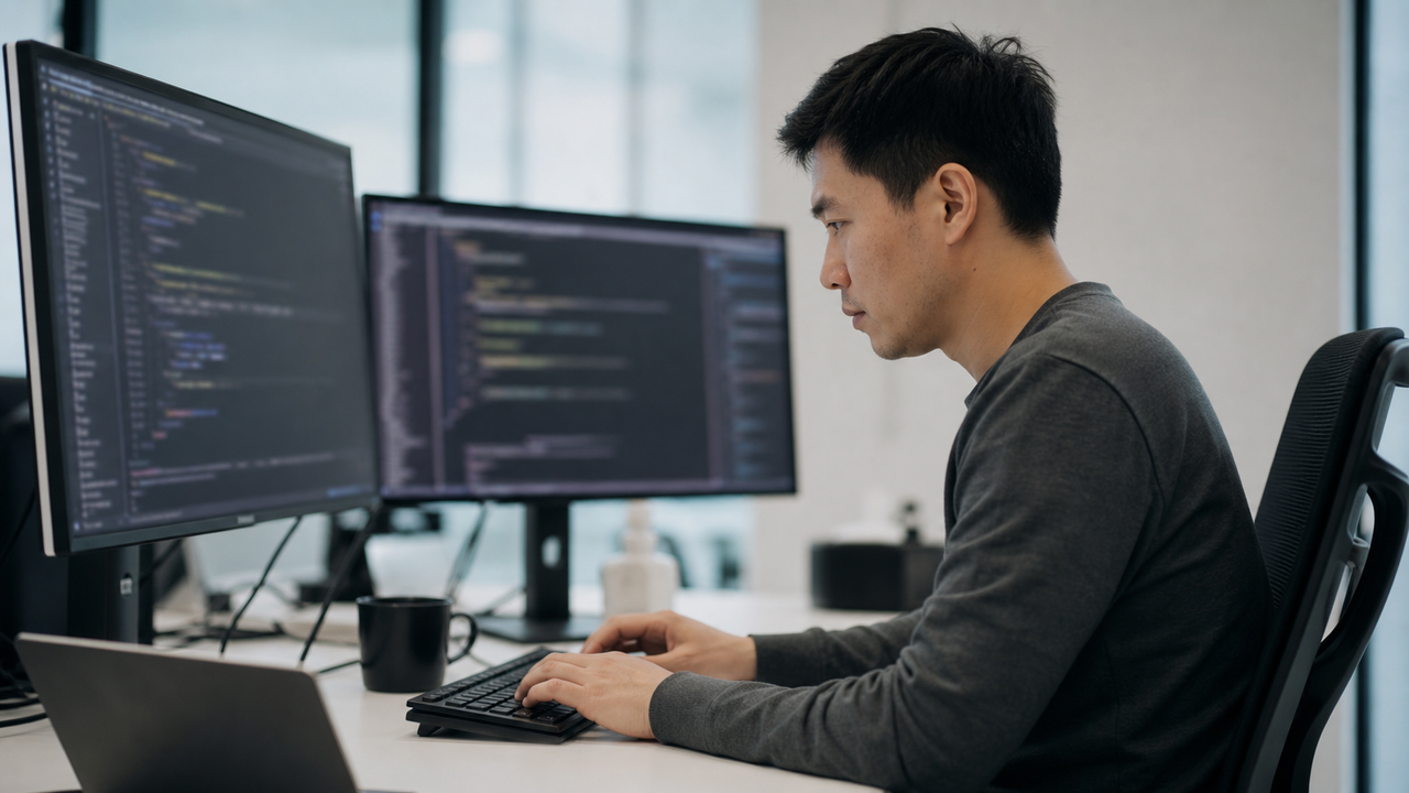 Software engineer focused on terminal screens at a modern office desk.