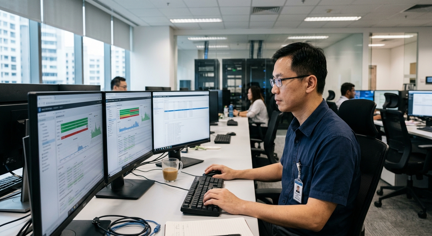 IT professional configuring network security settings at a workstation.