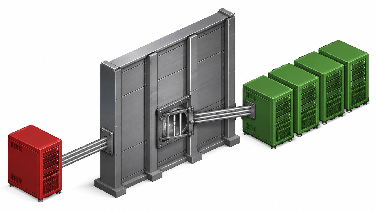 Technical illustration of a solid barrier isolating secure and untrusted server nodes.