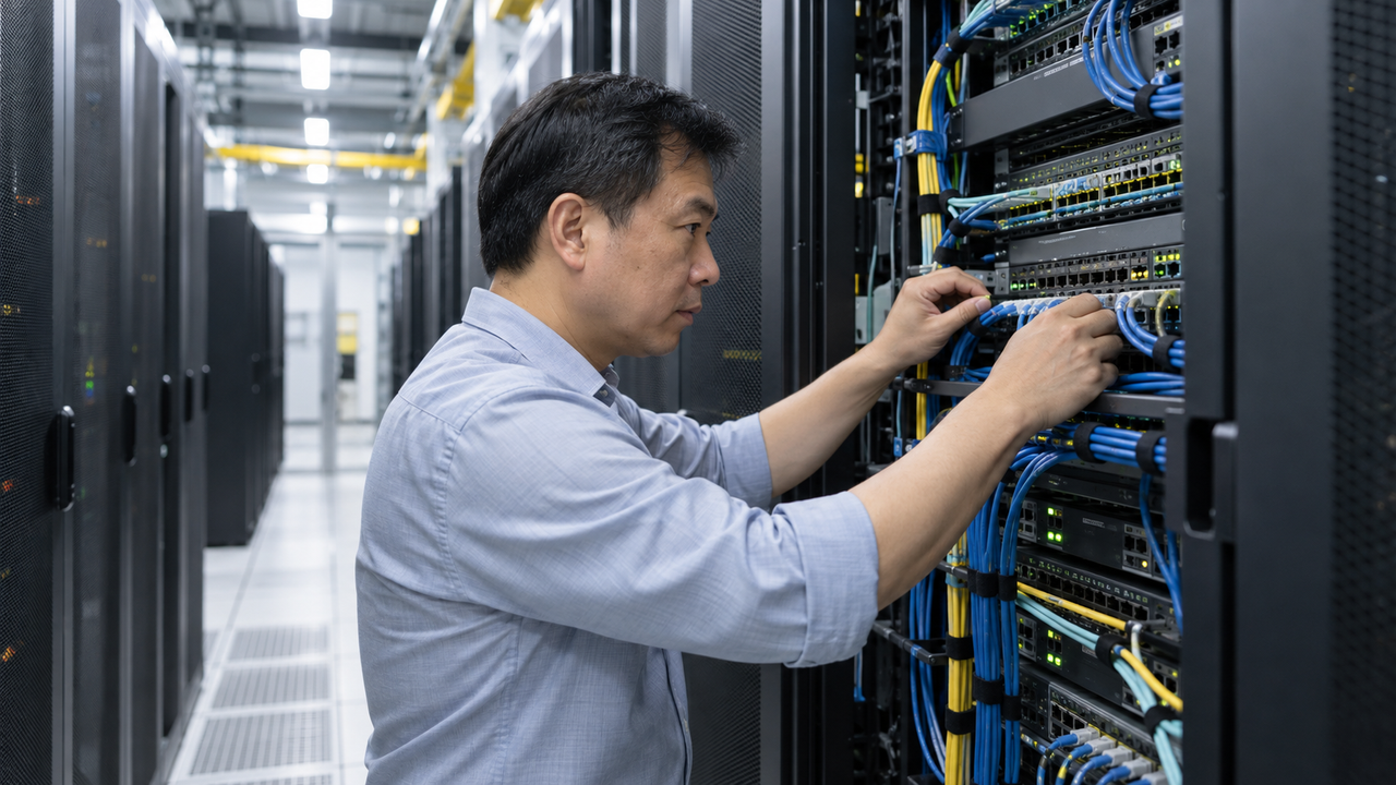IT professional inspecting server hardware in a clean data center
