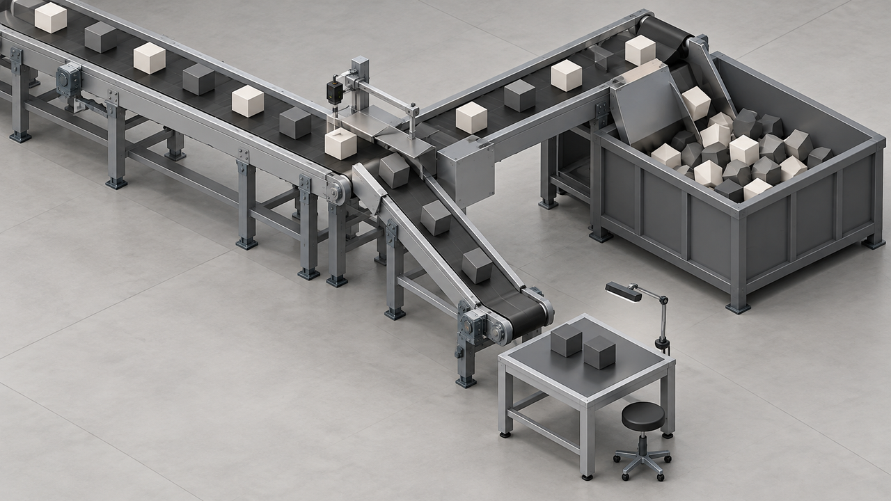 Isometric technical illustration of a mechanical data sorting pipeline