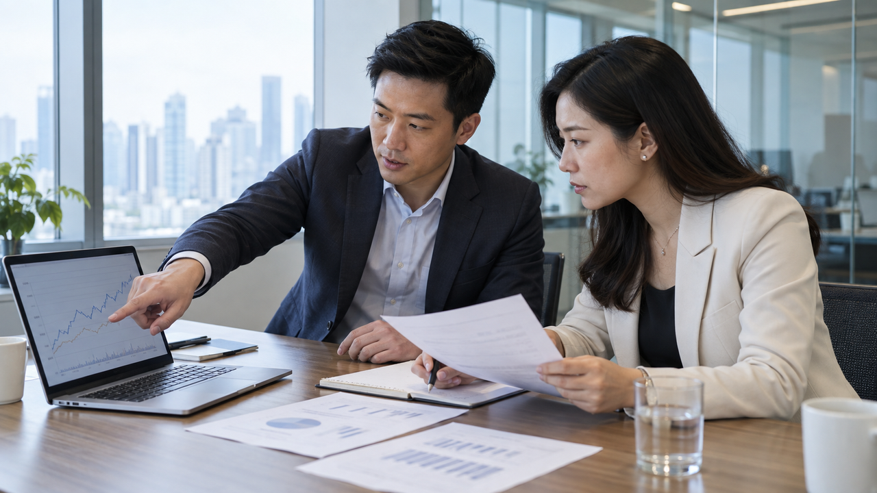 Two professionals analyzing a line graph on a laptop screen in a meeting room.