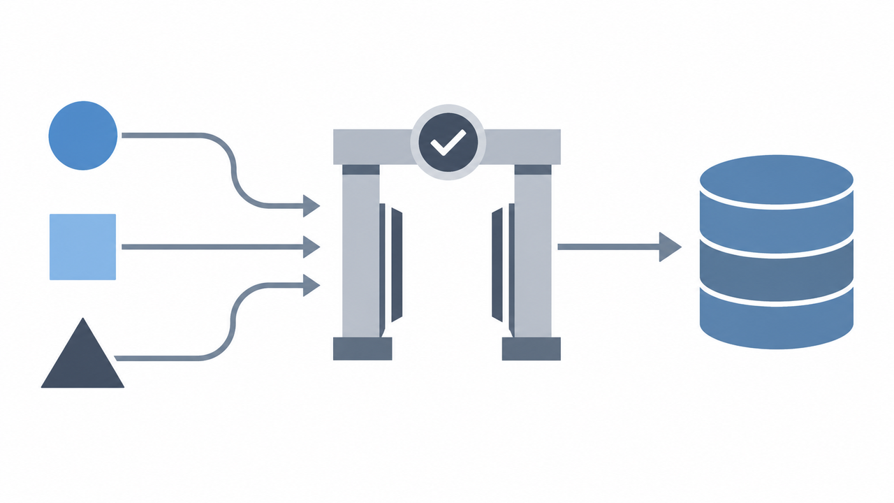 Technical illustration of a version control workflow and central approval gate.