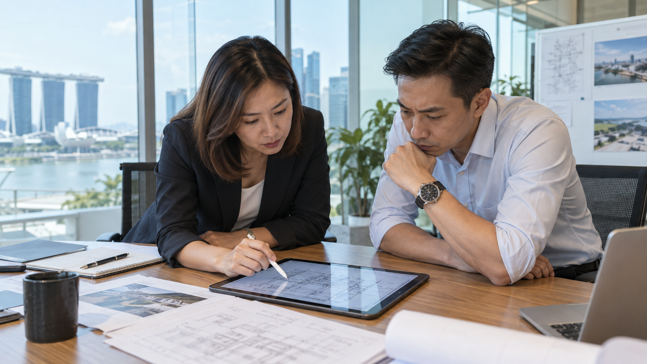 Two Singapore-Chinese professionals reviewing schematics on a digital tablet.