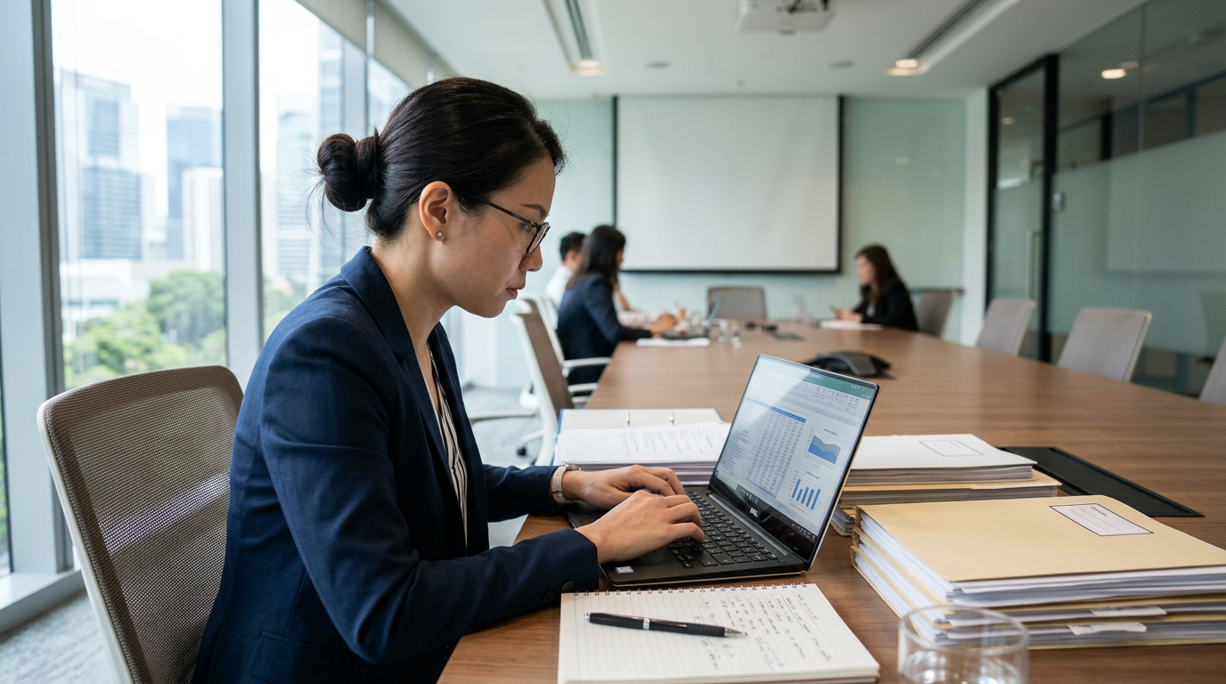 Singapore Chinese professional reviewing audit data on a laptop in a boardroom.