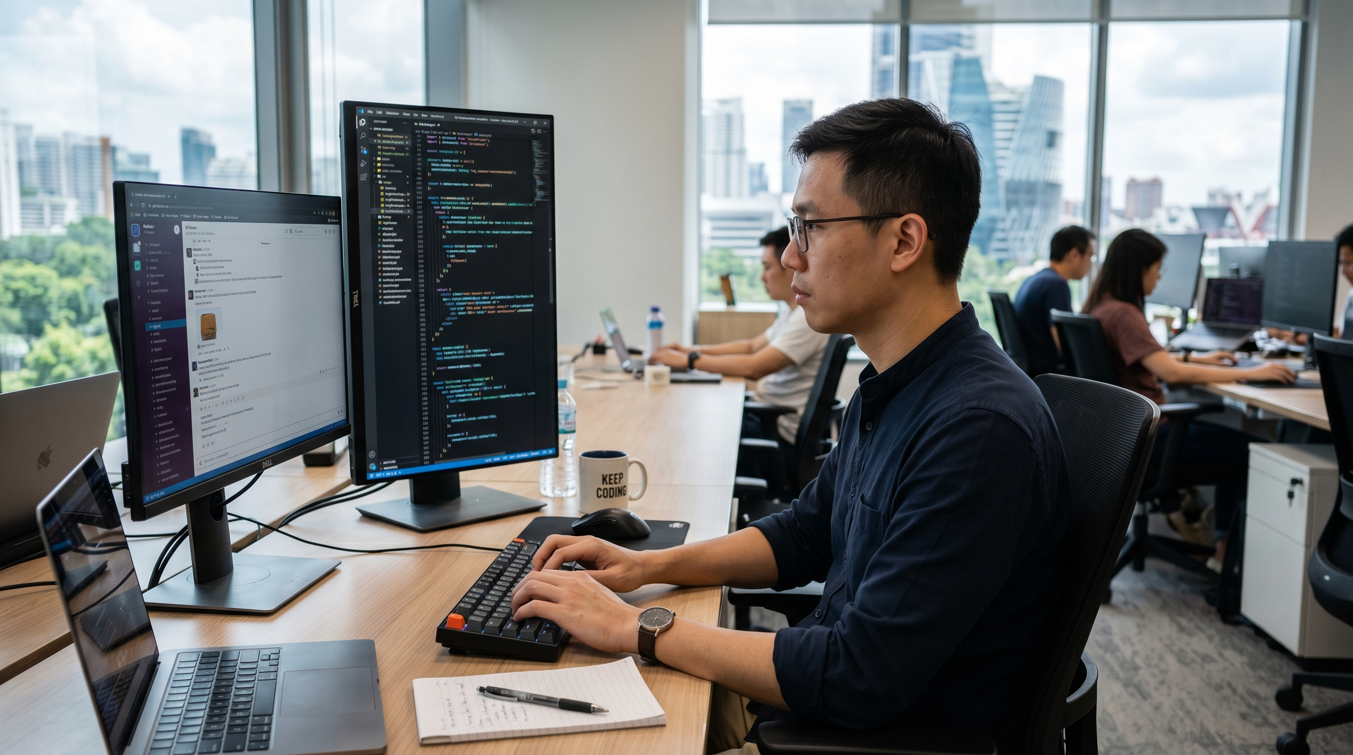 Asian male software engineer reviewing code on a vertical monitor at a bright office desk.