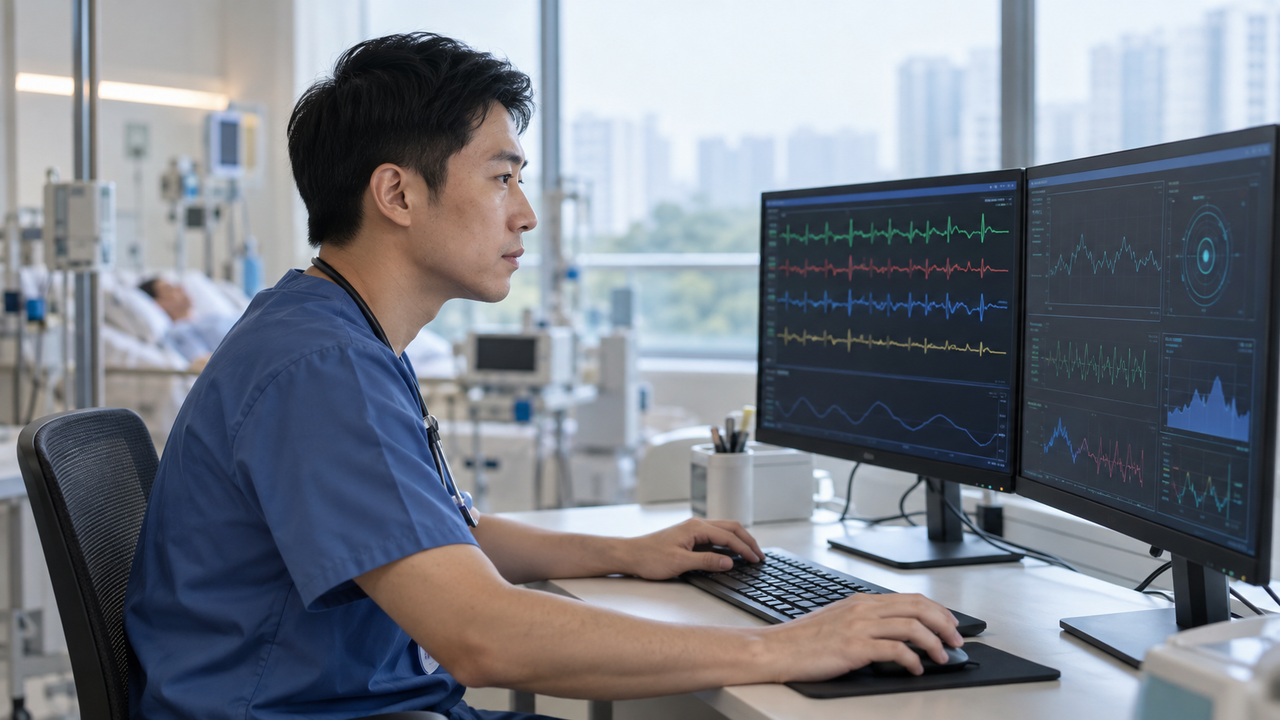Healthcare professional reviewing waveform data on clinical monitors.