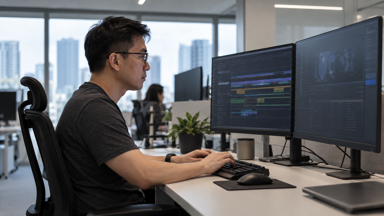 Software engineer reviewing log timelines on dual monitors in a modern office.