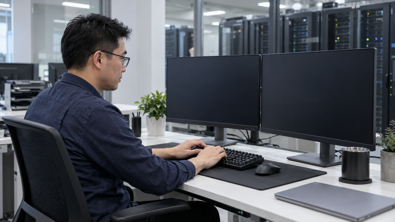 Male IT professional analyzing system architecture at a modern workstation.