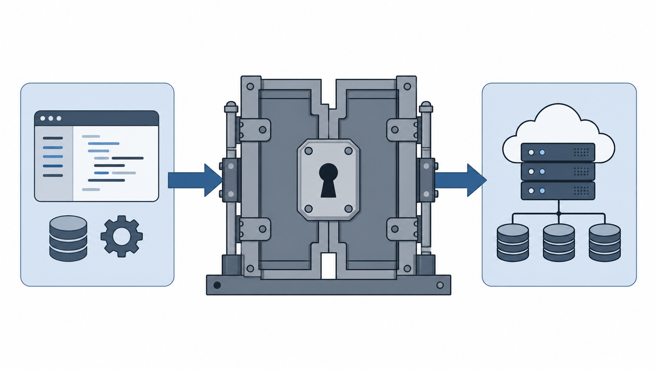Clean technical illustration of a deployment pipeline with a locking gate mechanism.