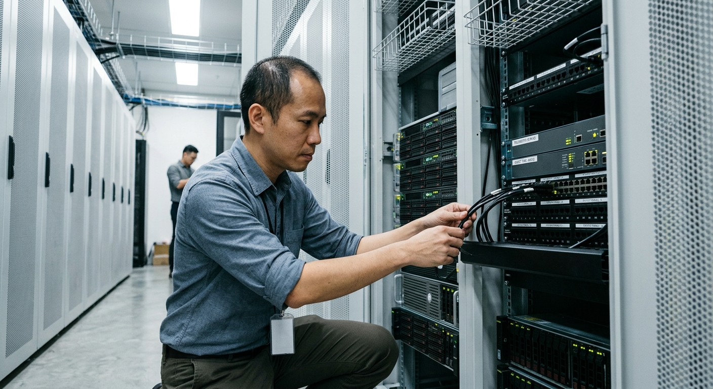 Architect inspecting server rack in a data center.