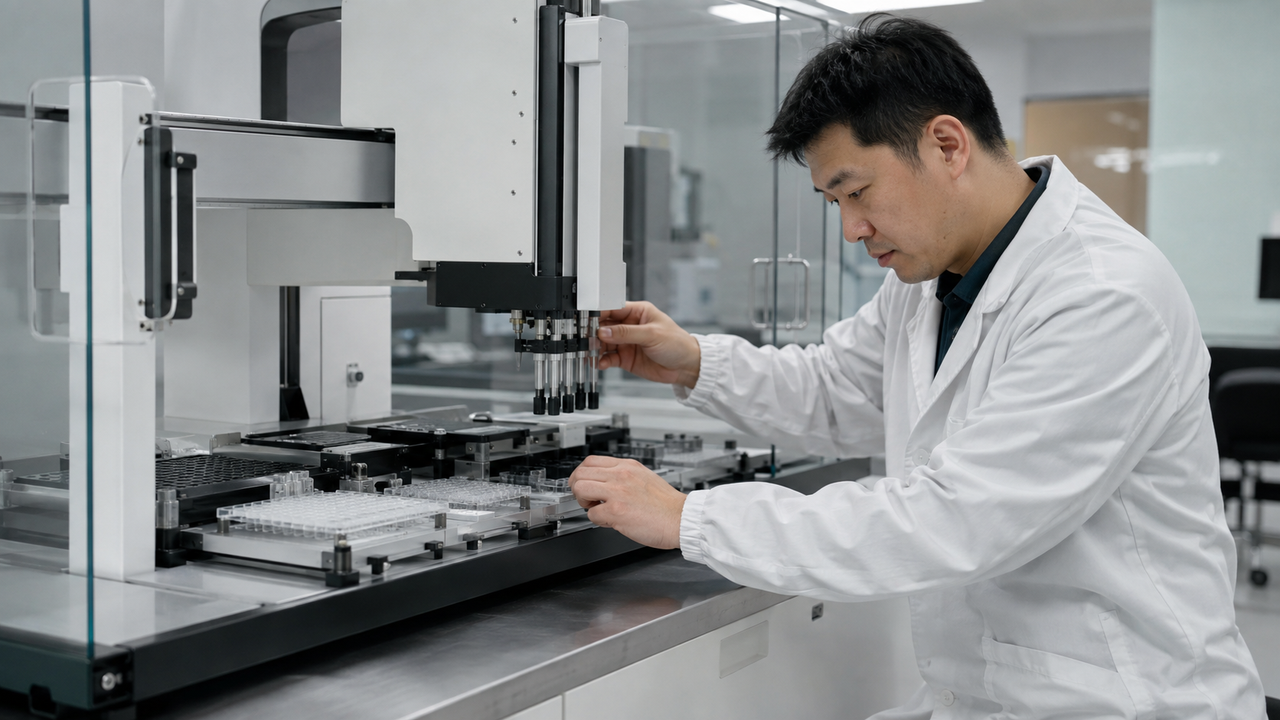 Lab technician inspecting a stalled robotic arm on a work surface.