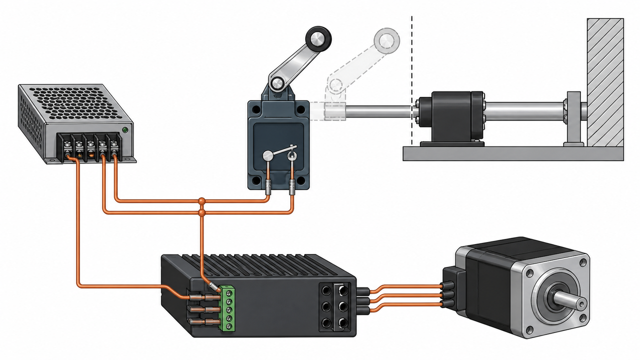 Technical illustration of an industrial limit switch breaking a motor circuit.