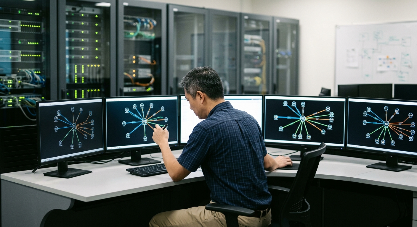 IT professional analyzing network topology graphs in a server operations room.