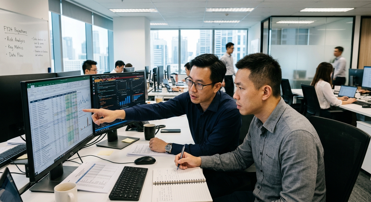 Two finance professionals analyzing data on multiple monitors in a modern office.