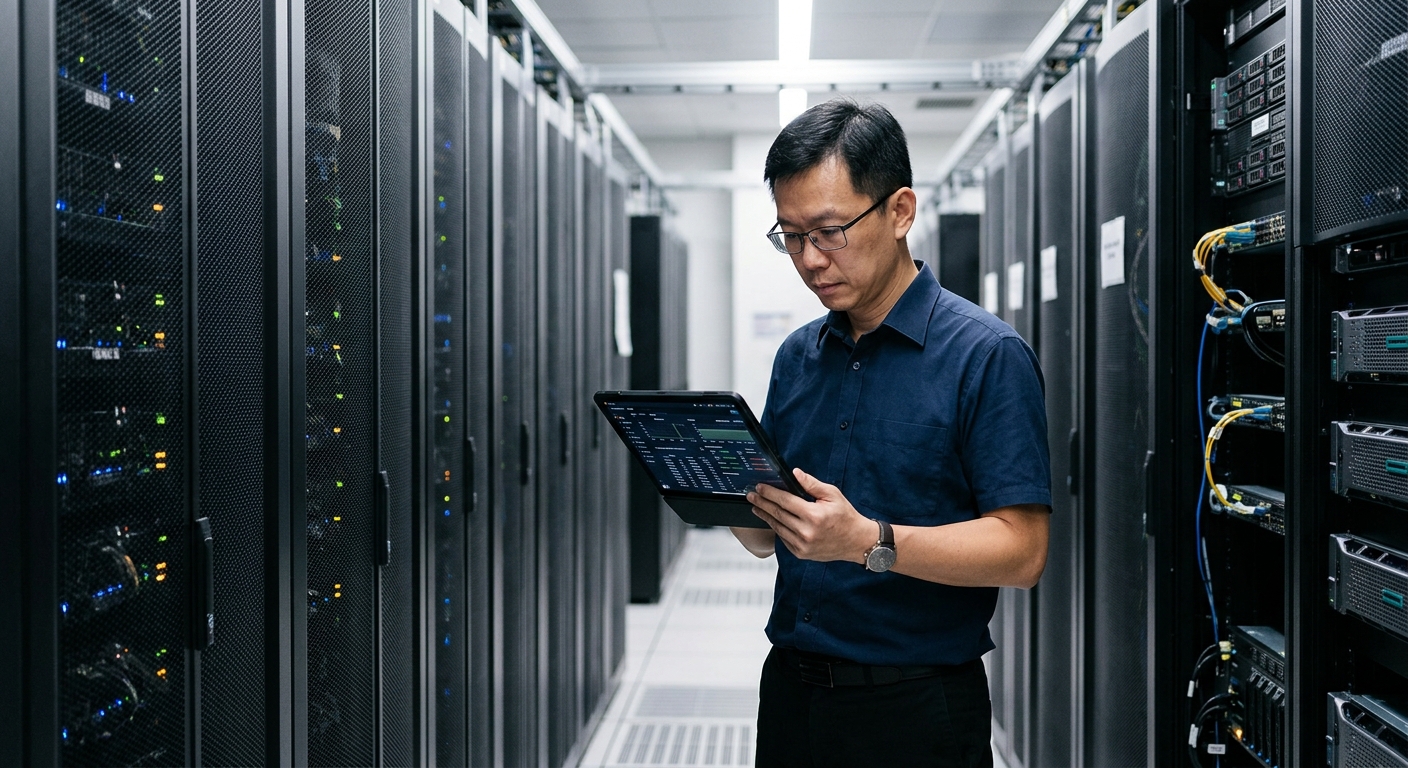 Singapore Chinese IT professional analyzing data on a tablet in a modern server room.