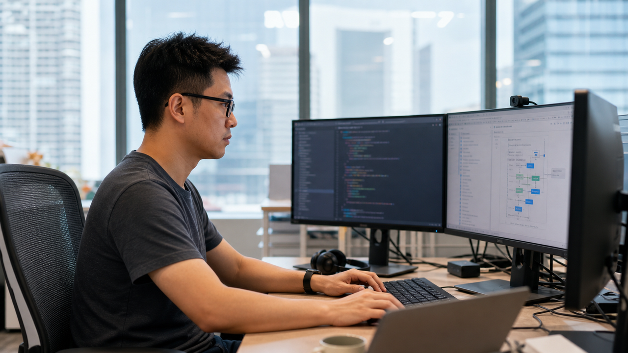 Singapore Chinese developer reviewing code on dual monitors in an office.