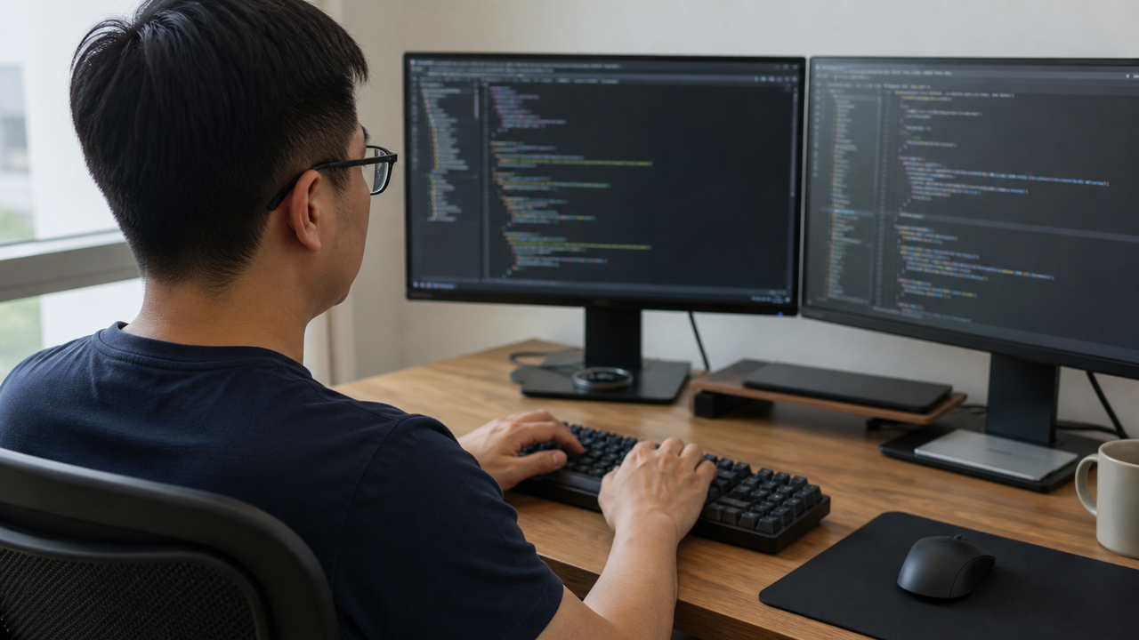 Over-the-shoulder view of an engineer typing at a dual-monitor workstation.