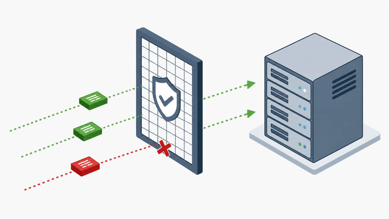Minimalist isometric illustration of a server node filtering data packets.