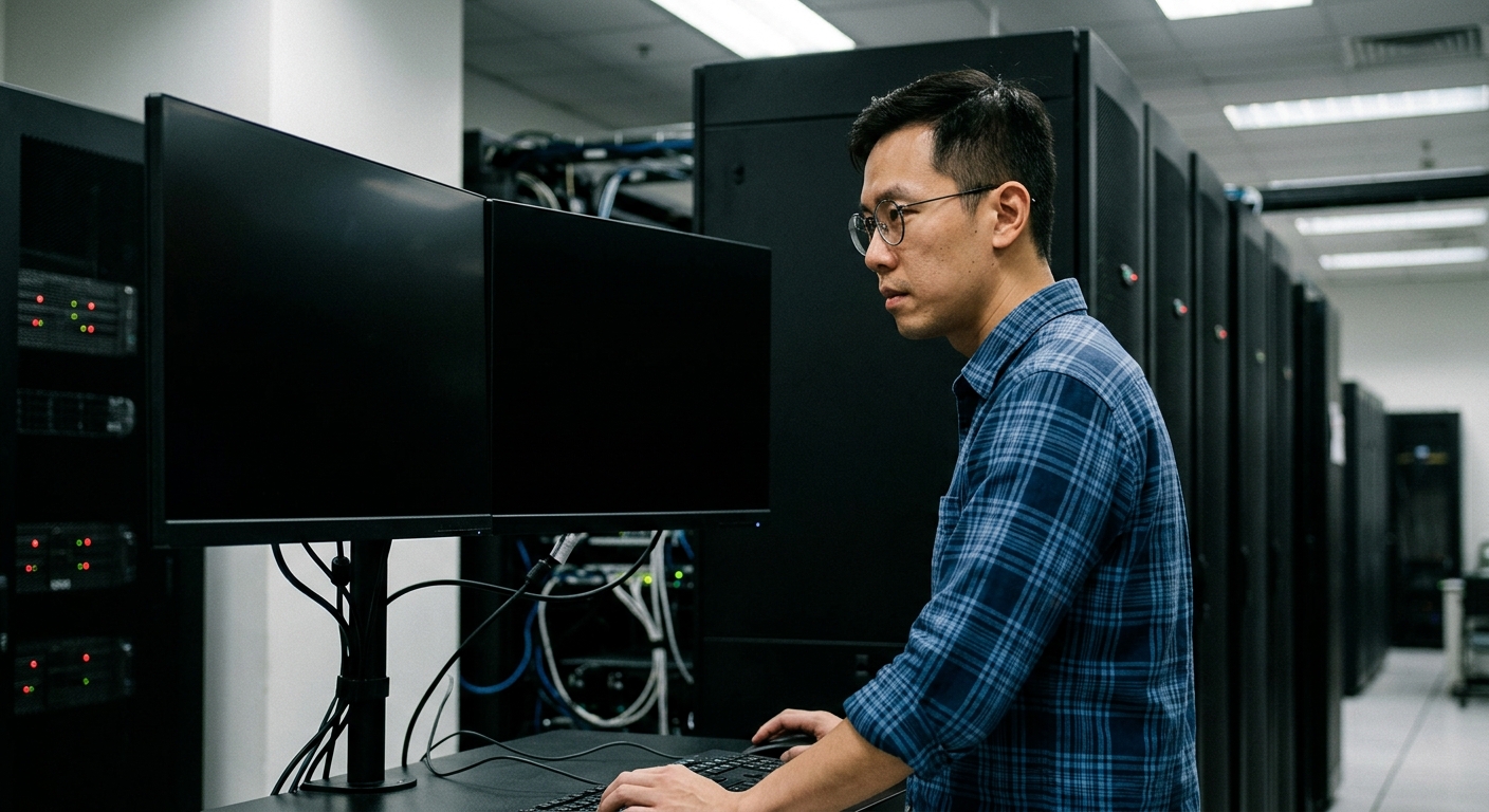 IT professional analyzing network monitors in a modern server room environment.