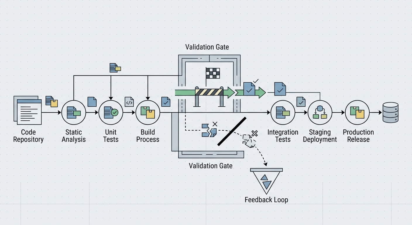 Technical illustration of a pipeline validation gate blocking an incomplete packet.