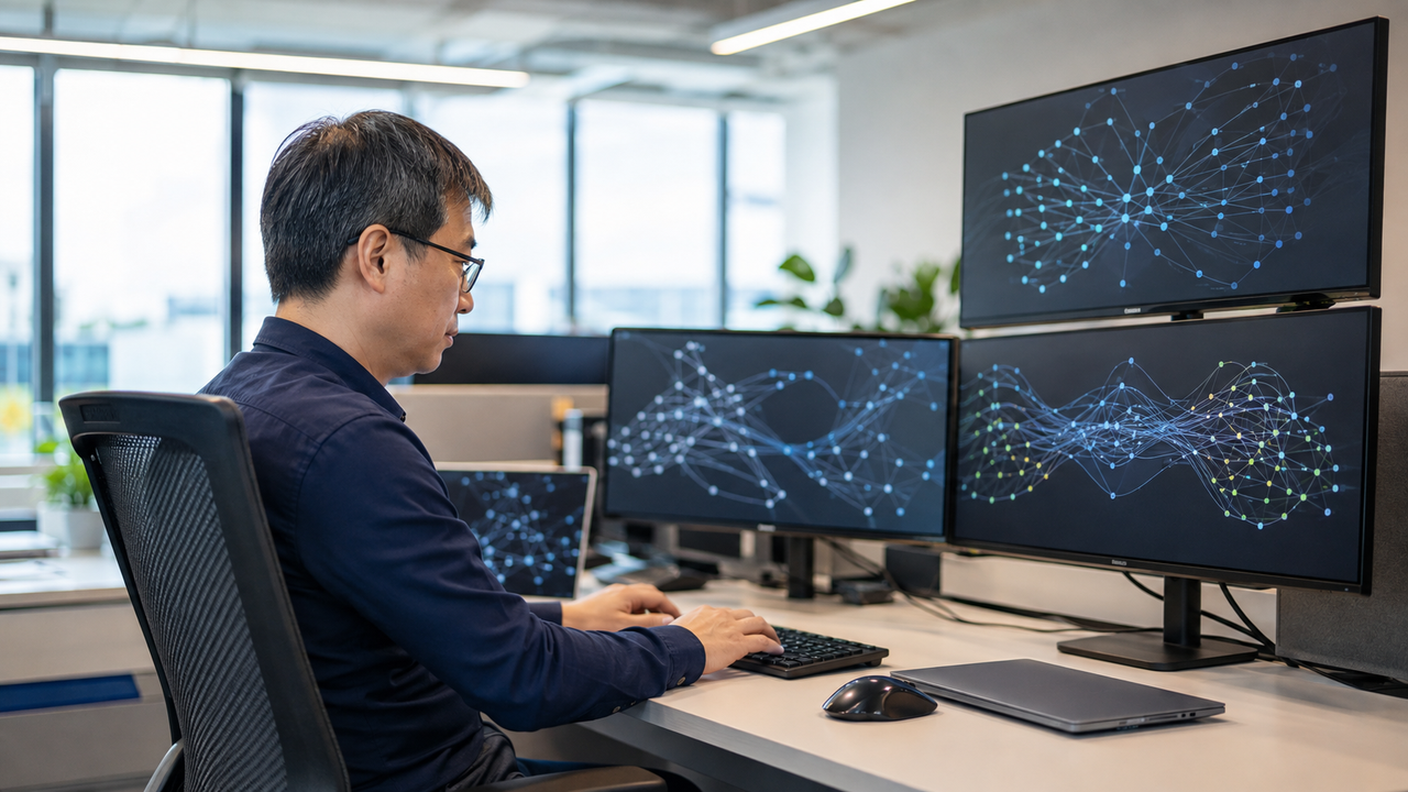 Singapore-Chinese architect analyzing node graphs on multi-monitor setup.