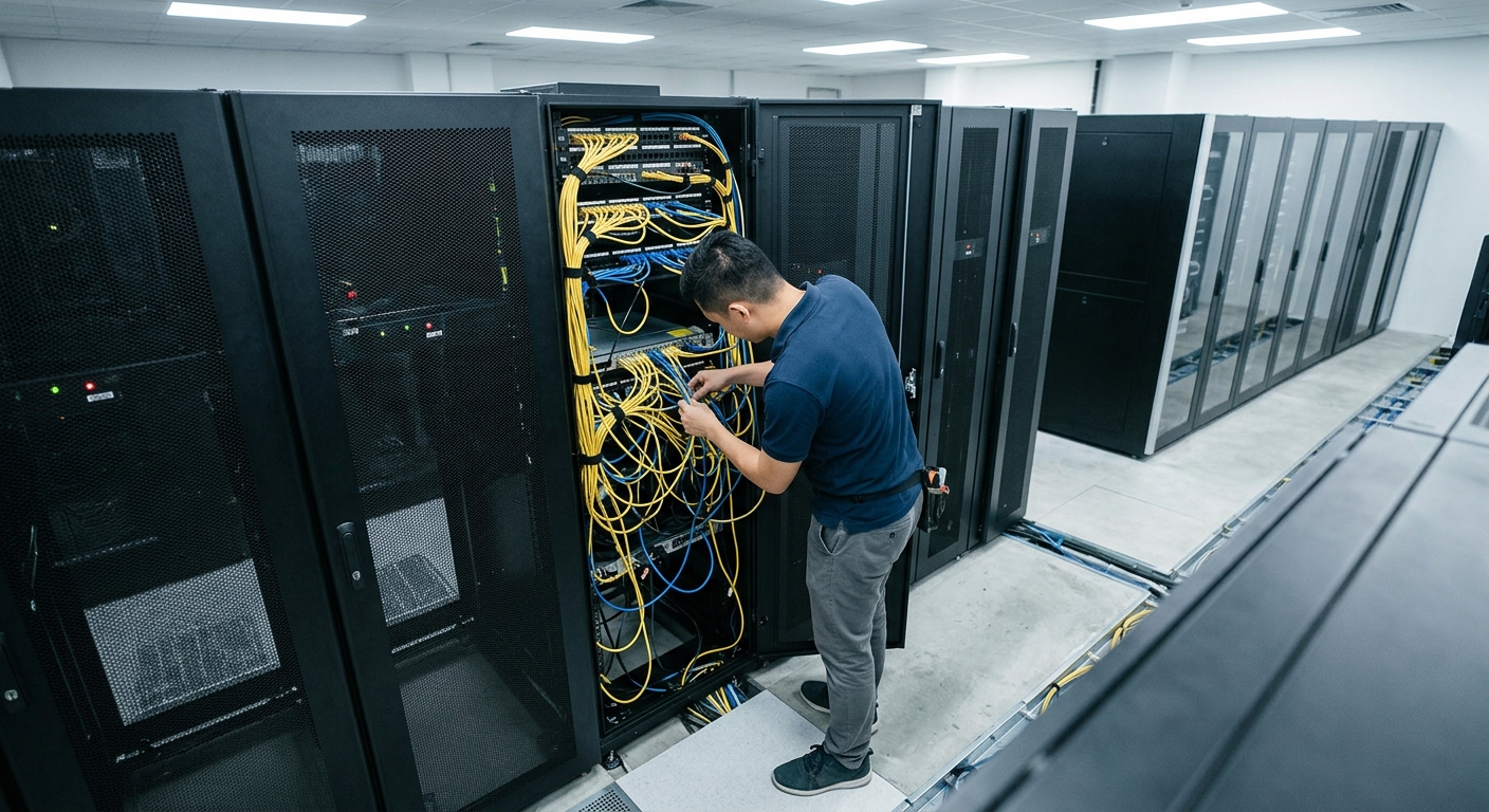 IT professional troubleshooting server racks in a clean data center.