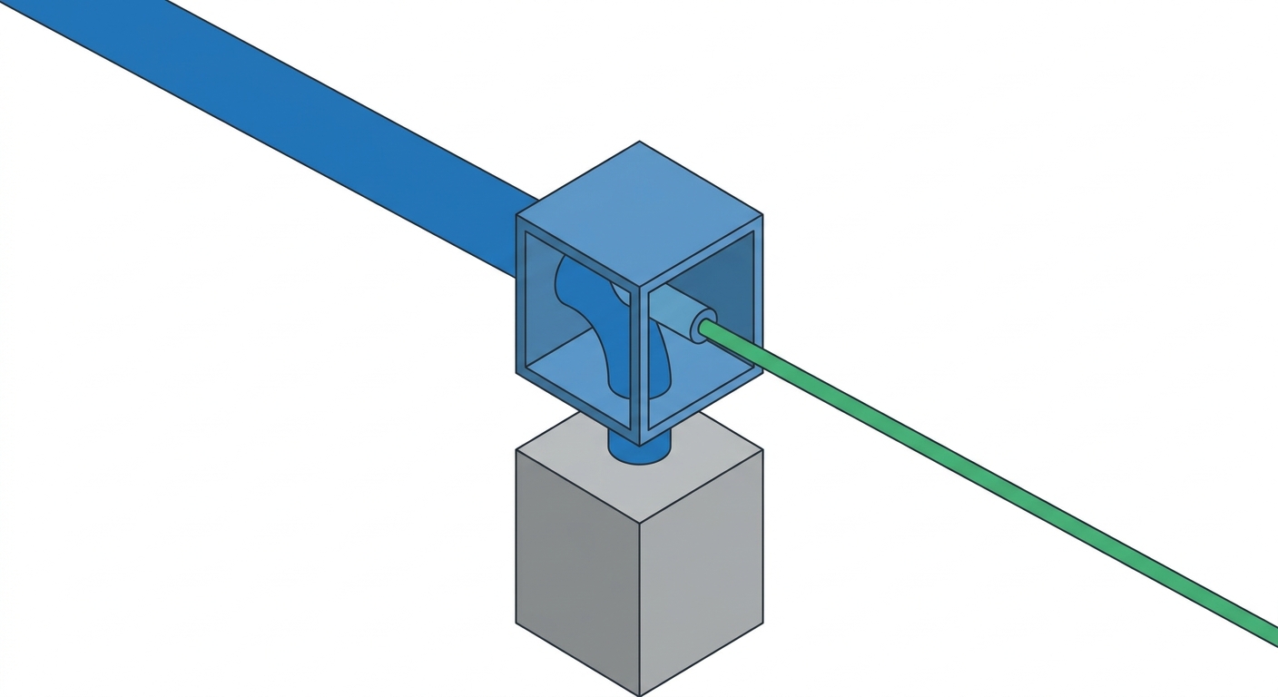 Isometric technical illustration of a data pipeline splitting into a tank.