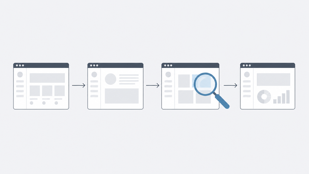 Technical illustration of blank UI windows forming a visual audit trail sequence.