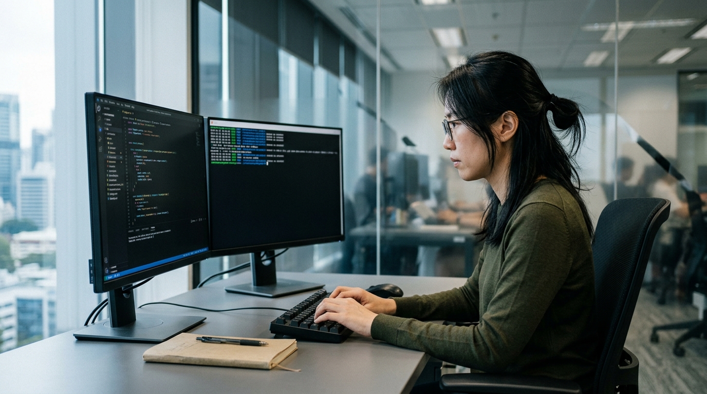 A senior engineer at a dual-monitor Singapore studio workstation, reviewing an agent run — code editor on the left, terminal session on the right.